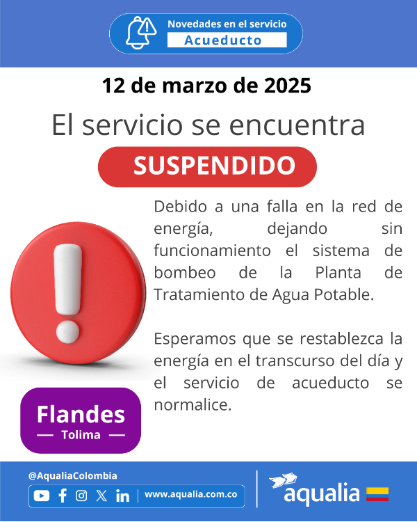 El servicio de acueducto se encuentra suspendido en Flandes